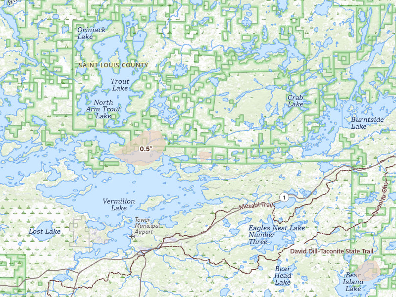Radar-estimated hail-size map of the storm over Tower, MN on Aug 25, 2026