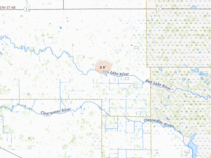 Radar-estimated hail-size map of the storm over Trail, MN on Jun 9, 2026