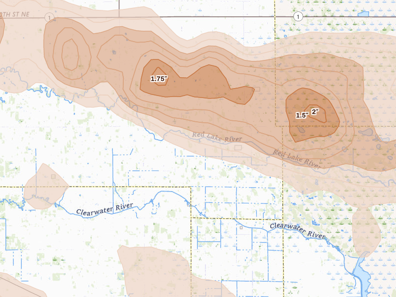 Radar-estimated hail-size map of the storm over Trail, MN on Jul 24, 2026