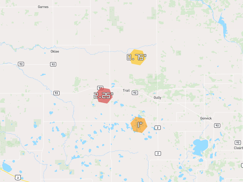 Hail map of Trail, MN on Jul 25, 2026, hail up to 2.25"