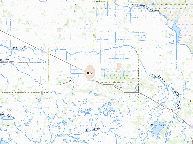 Radar-estimated hail-size map of the storm over Trail, MN on Aug 24, 2026