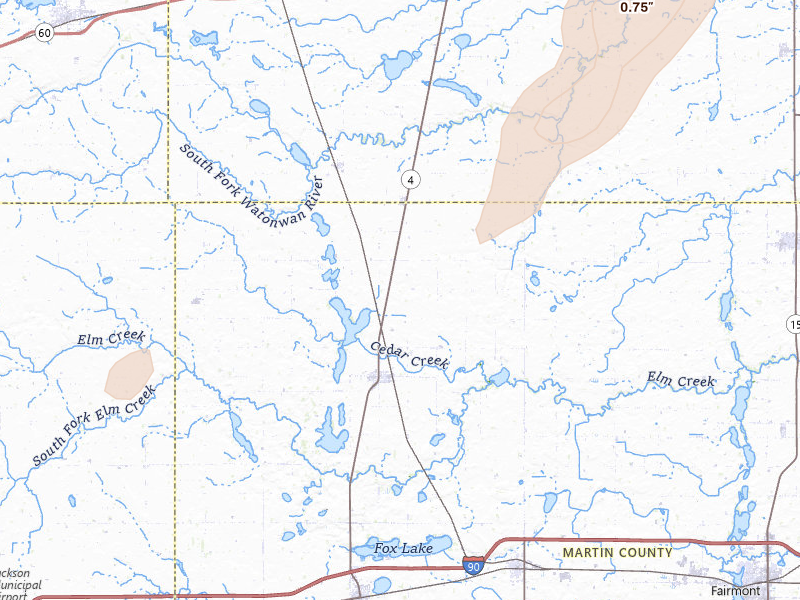 Radar-estimated hail-size map of the storm over Trimont, MN on Apr 23, 2026