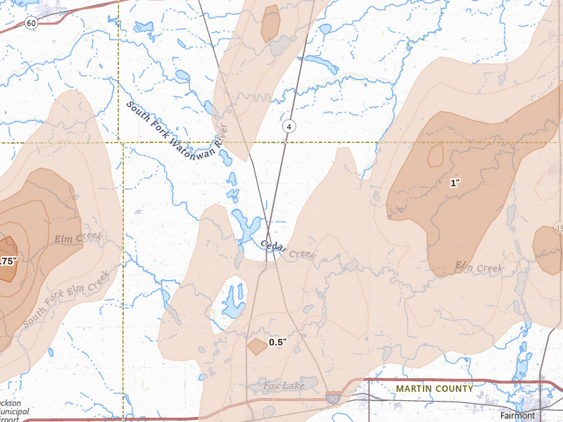 Radar-estimated hail-size map of the storm over Trimont, MN on May 17, 2026