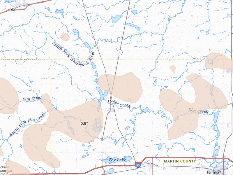 Radar-estimated hail-size map of the storm over Trimont, MN on Jun 27, 2026