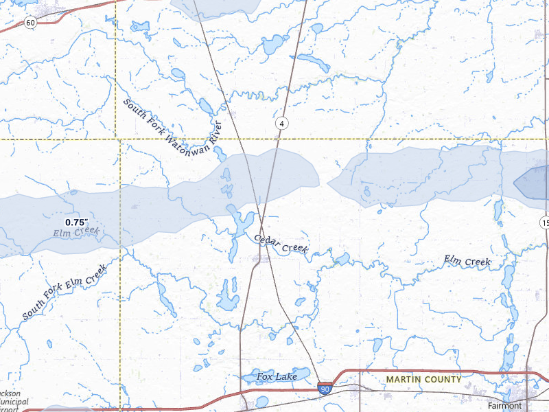 NEXRAD radar-signature map of the hail storm over Trimont, MN on Jun 27, 2026