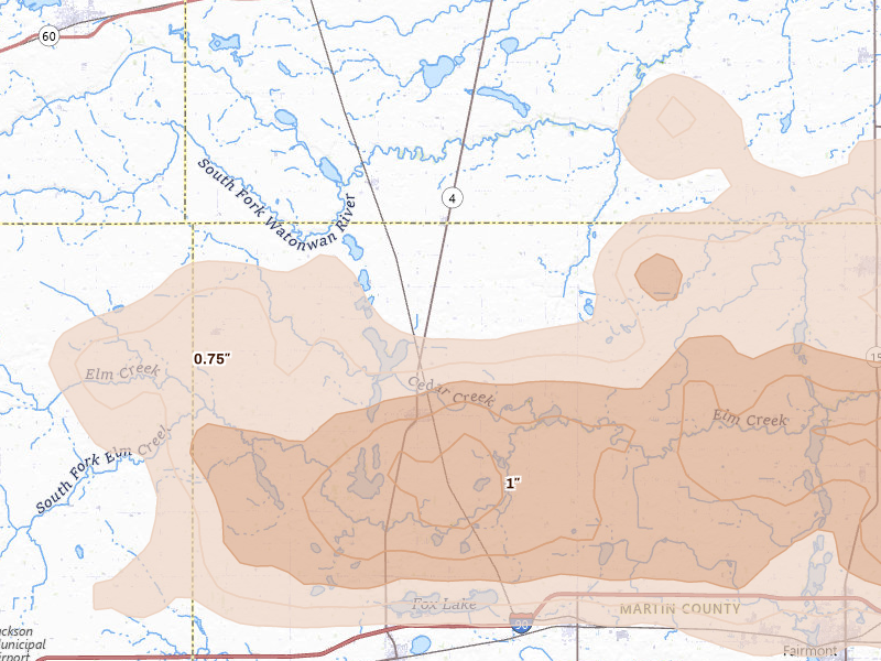 Radar-estimated hail-size map of the storm over Trimont, MN on Aug 7, 2026