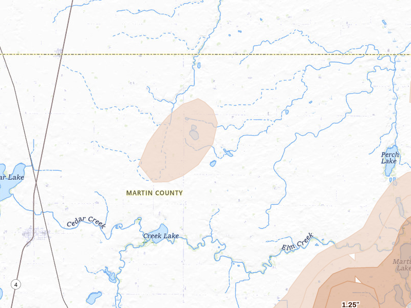 Radar-estimated hail-size map of the storm over Trimont, MN on Sep 1, 2026