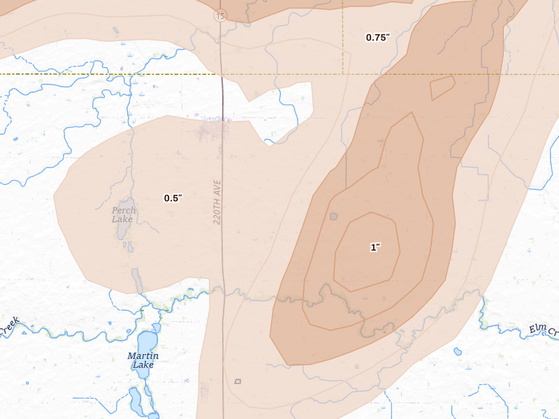 Radar-estimated hail-size map of the storm over Truman, MN on Apr 13, 2026