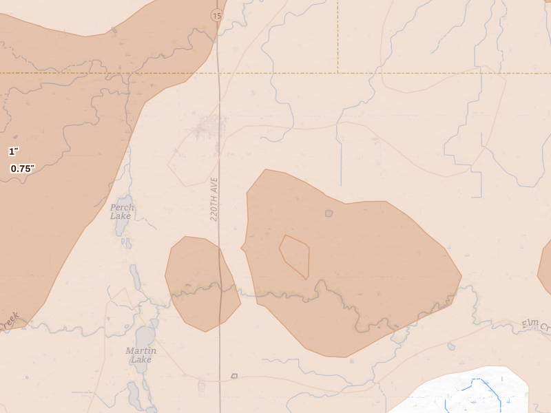 Radar-estimated hail-size map of the storm over Truman, MN on May 17, 2026