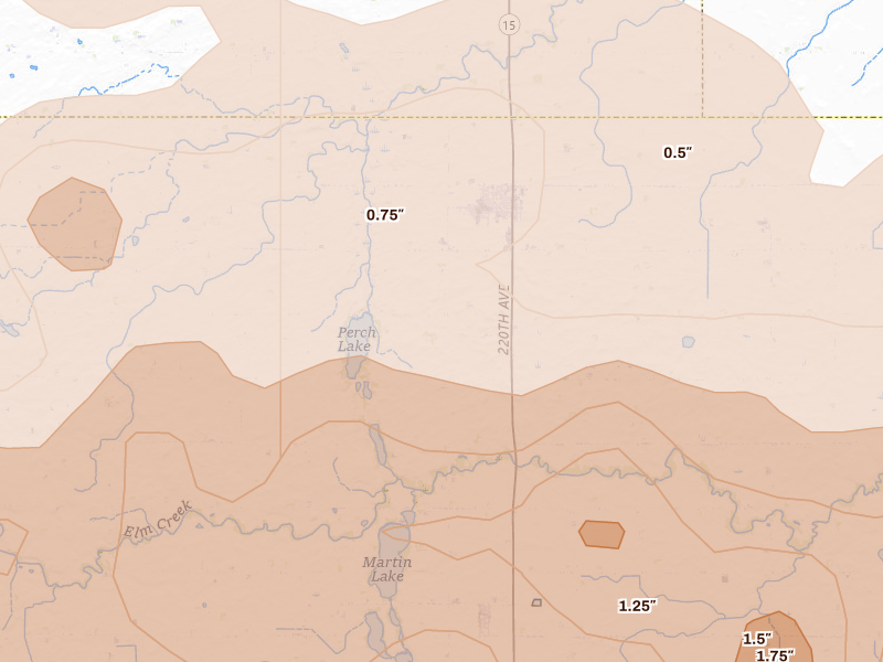 Radar-estimated hail-size map of the storm over Truman, MN on Aug 7, 2026