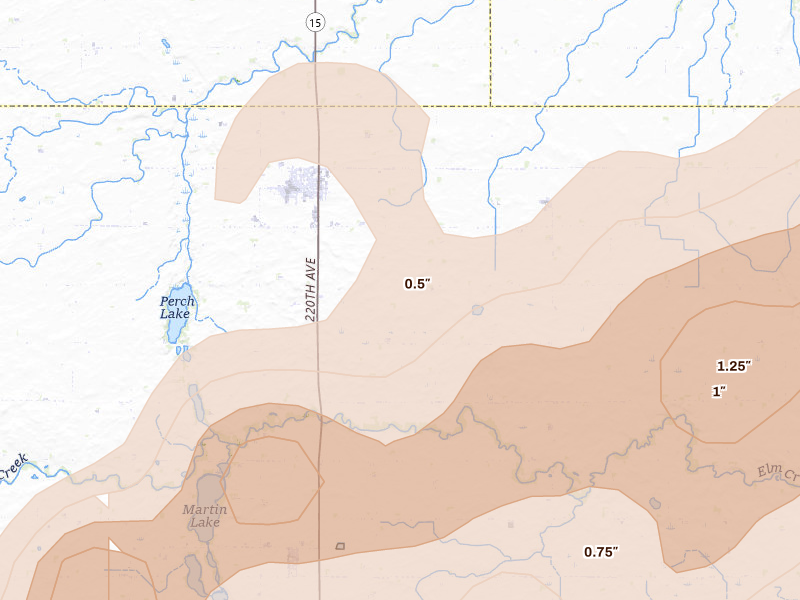 Radar-estimated hail-size map of the storm over Truman, MN on Sep 1, 2026