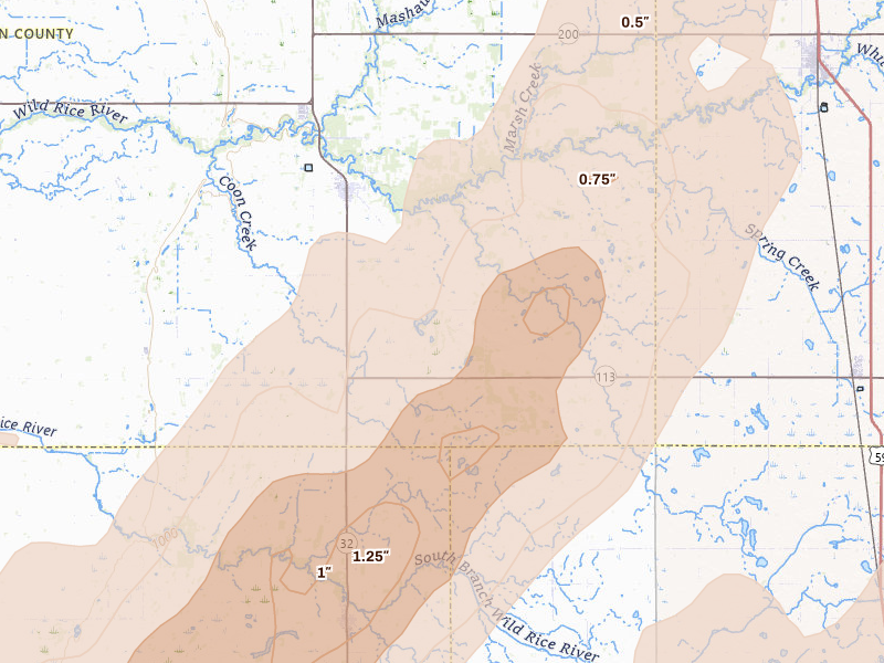 Radar-estimated hail-size map of the storm over Twin Valley, MN on Jun 29, 2026
