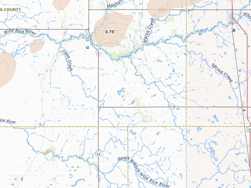 Radar-estimated hail-size map of the storm over Twin Valley, MN on Jul 3, 2026