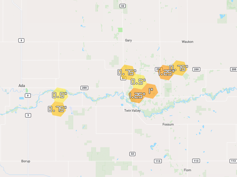 Hail map of Twin Valley, MN on Jul 4, 2026, hail up to 1.25"