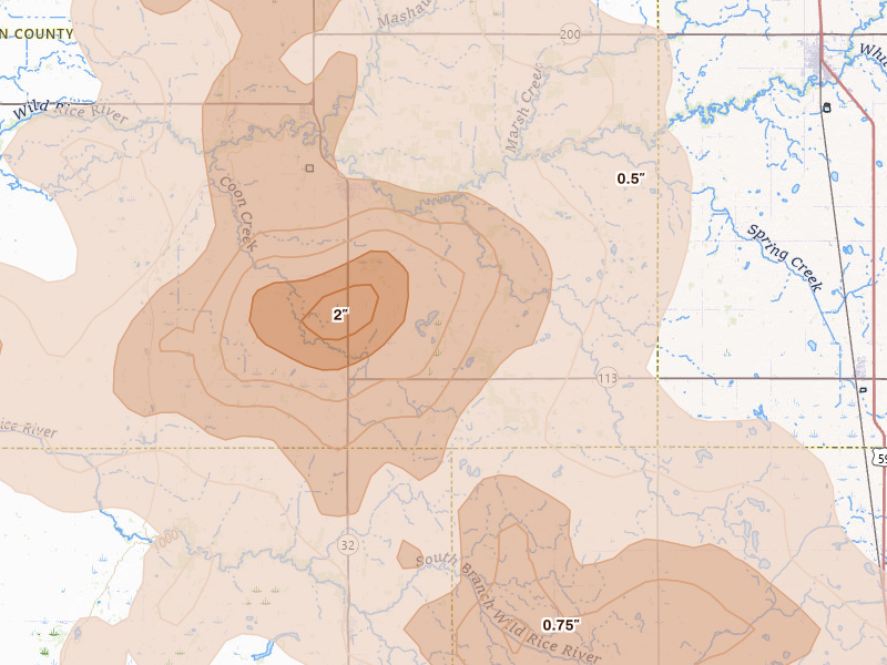 Radar-estimated hail-size map of the storm over Twin Valley, MN on Jul 6, 2026