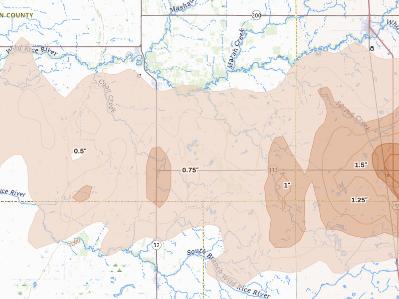 Radar-estimated hail-size map of the storm over Twin Valley, MN on Sep 3, 2026