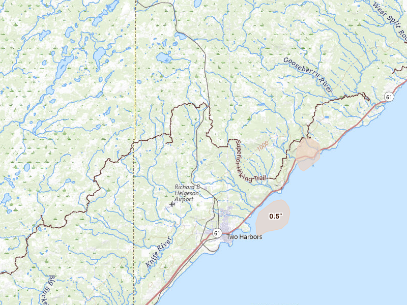 Radar-estimated hail-size map of the storm over Two Harbors, MN on Apr 17, 2026