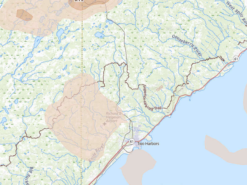 Radar-estimated hail-size map of the storm over Two Harbors, MN on Jun 29, 2026