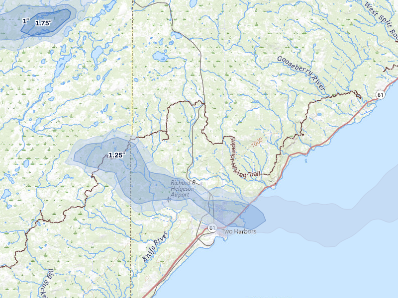 NEXRAD radar-signature map of the hail storm over Two Harbors, MN on Jun 29, 2026