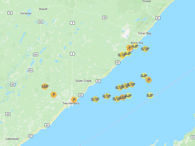 Hail map of Two Harbors, MN on Jun 29, 2026, hail up to 1.25"
