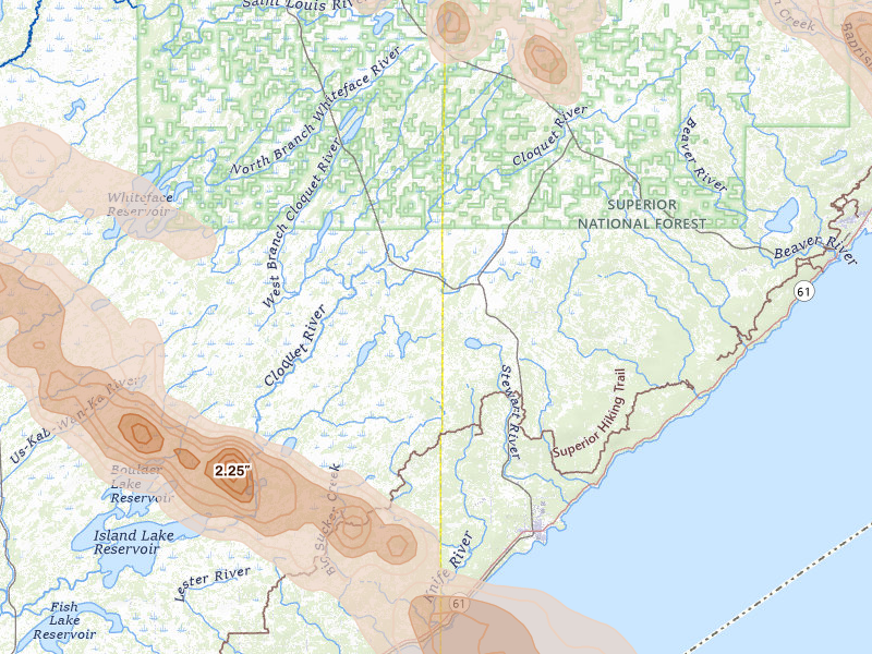 Radar-estimated hail-size map of the storm over Two Harbors, MN on Jul 26, 2026