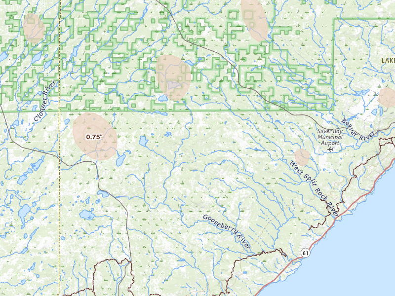 Radar-estimated hail-size map of the storm over Two Harbors, MN on Aug 3, 2026