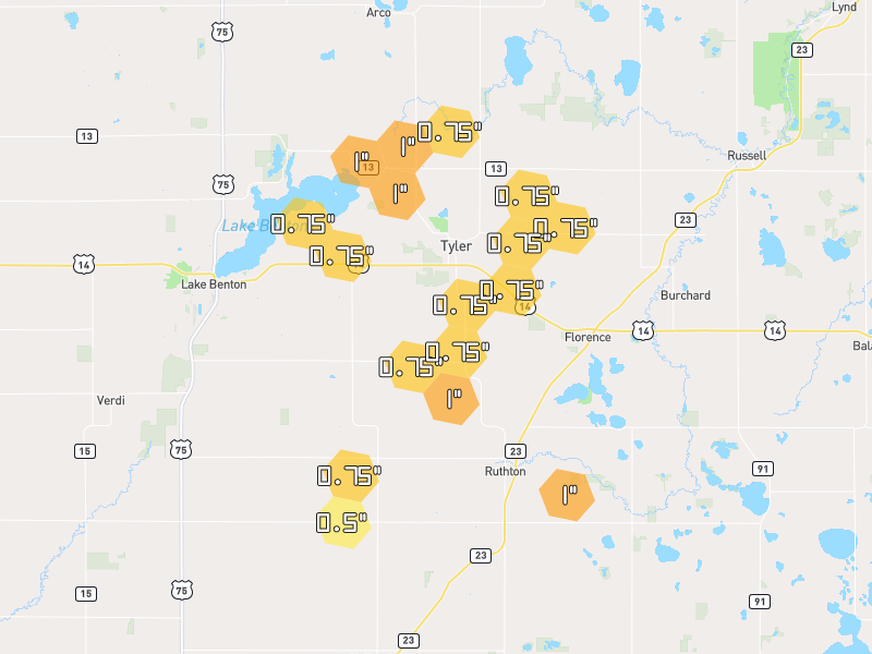 Hail map of Tyler, MN on Jun 30, 2026, hail up to 1"