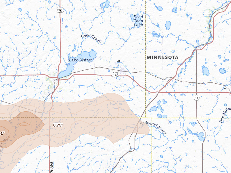 Radar-estimated hail-size map of the storm over Tyler, MN on Jul 2, 2026