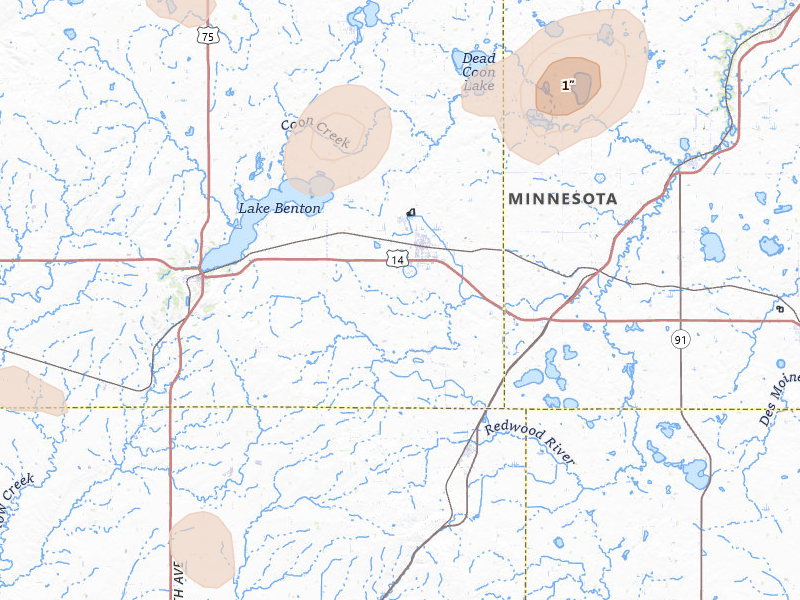 Radar-estimated hail-size map of the storm over Tyler, MN on Jul 4, 2026