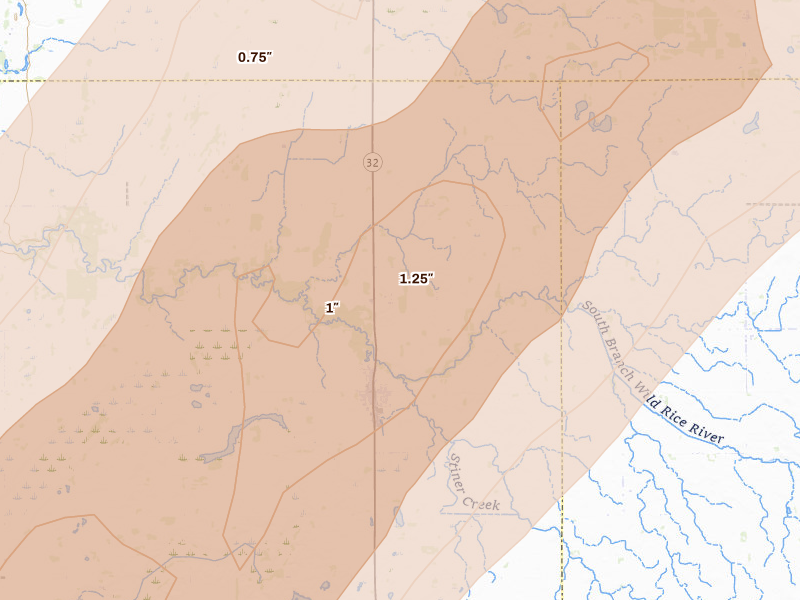 Radar-estimated hail-size map of the storm over Ulen, MN on Jun 29, 2026