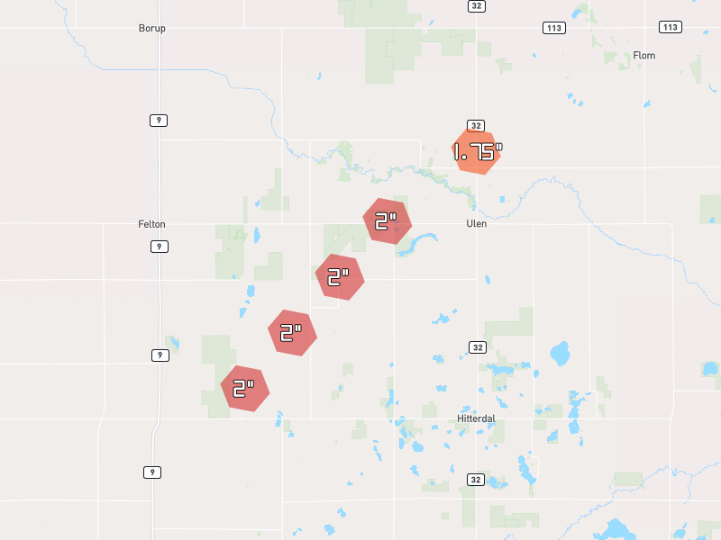 Hail map of Ulen, MN on Jun 30, 2026, hail up to 2"
