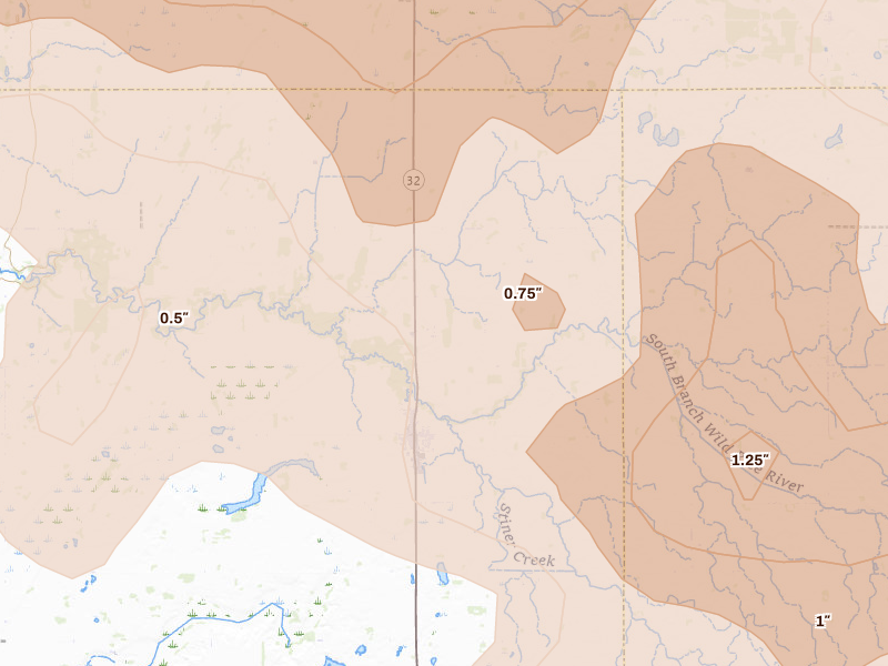 Radar-estimated hail-size map of the storm over Ulen, MN on Jul 6, 2026