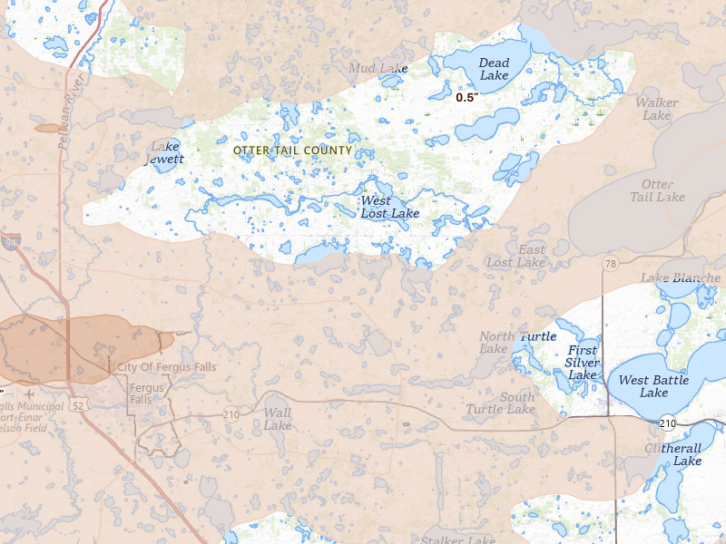 Radar-estimated hail-size map of the storm over Underwood, MN on Jul 6, 2026