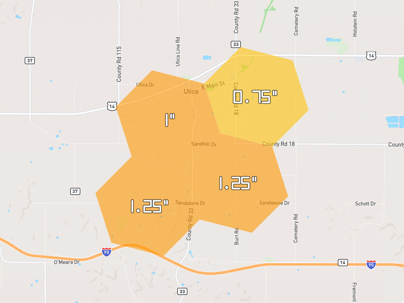 Hail map of Utica, MN on Jul 2, 2026, hail up to 1.25"