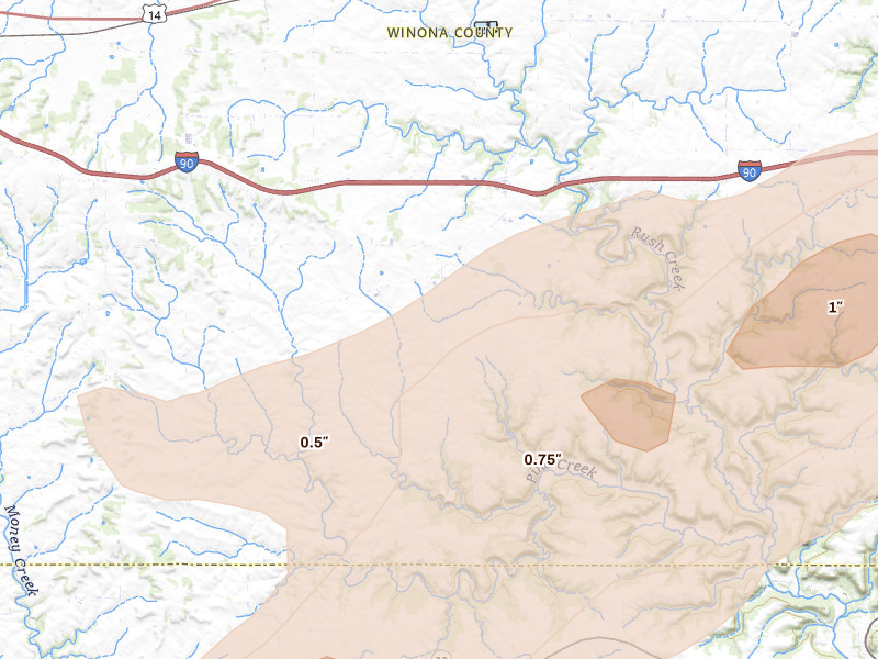 Radar-estimated hail-size map of the storm over Utica, MN on Sep 1, 2026