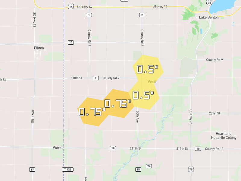 Hail map of Verdi, MN on Jun 30, 2026, hail up to 0.75"