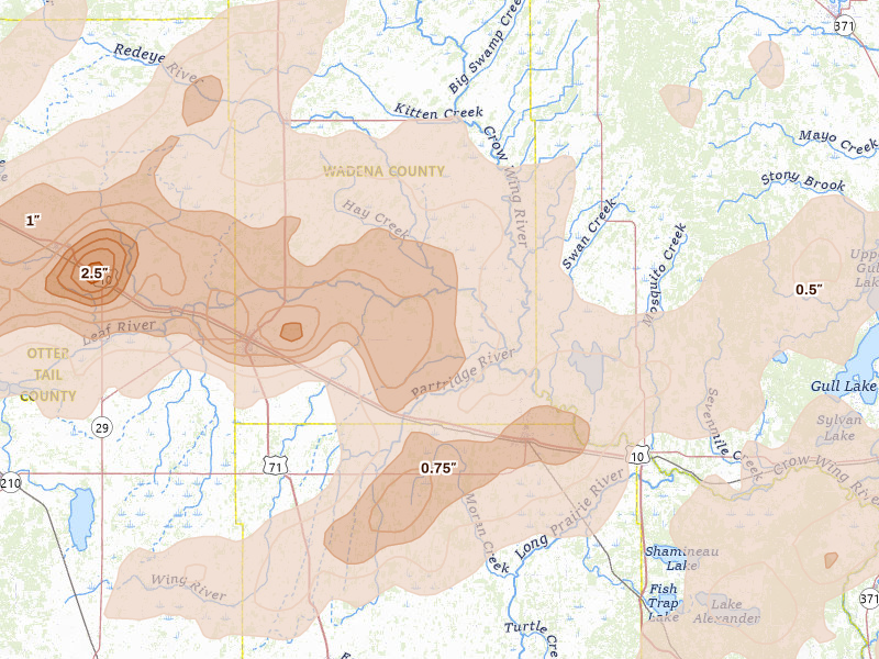 Radar-estimated hail-size map of the storm over Verndale, MN on Jun 29, 2026