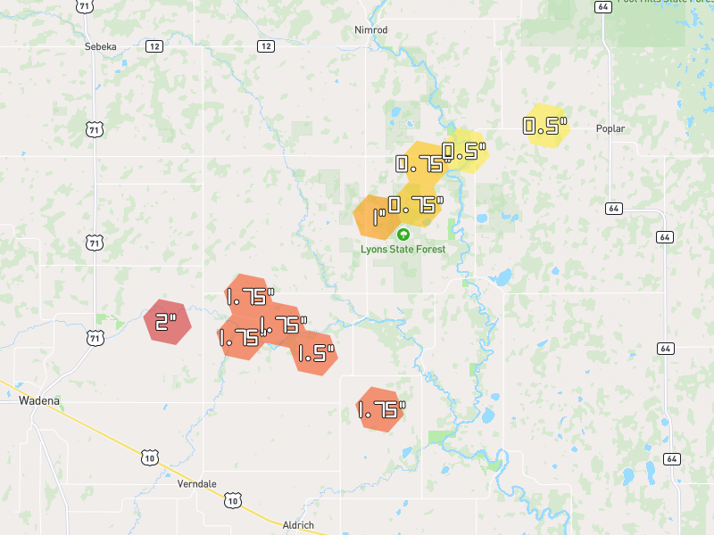 Hail map of Verndale, MN on Jun 29, 2026, hail up to 2"