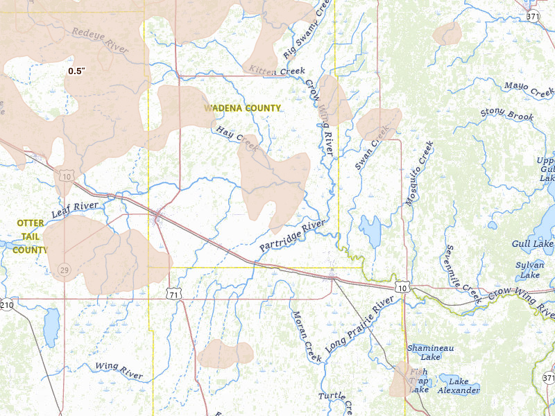 Radar-estimated hail-size map of the storm over Verndale, MN on Jul 6, 2026