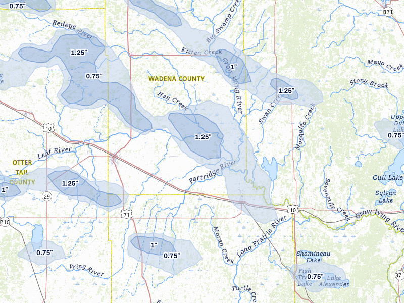 NEXRAD radar-signature map of the hail storm over Verndale, MN on Jul 6, 2026