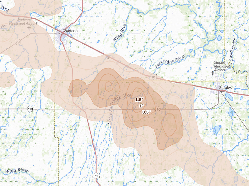 Radar-estimated hail-size map of the storm over Verndale, MN on Aug 17, 2026