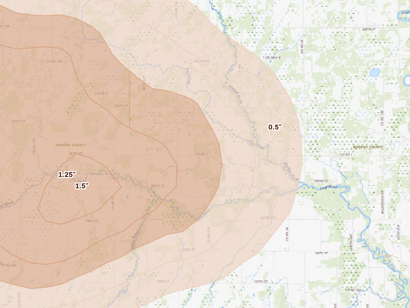 Radar-estimated hail-size map of the storm over Verndale, MN on Sep 11, 2026
