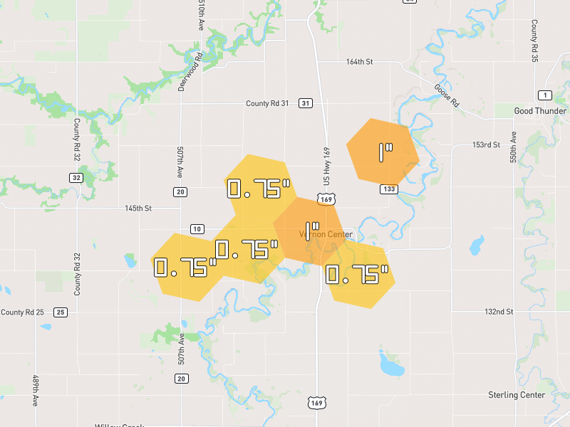 Hail map of Vernon Center, MN on Jul 2, 2026, hail up to 1"