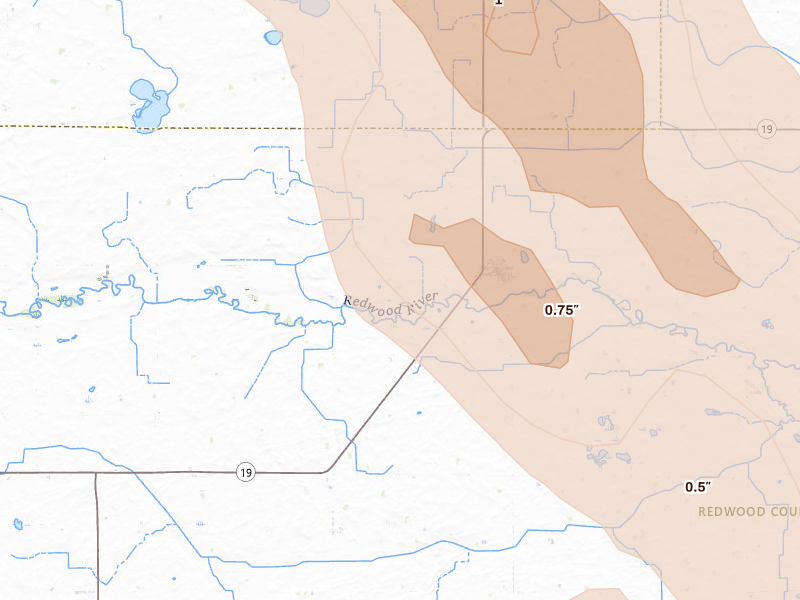 Radar-estimated hail-size map of the storm over Vesta, MN on Aug 20, 2026