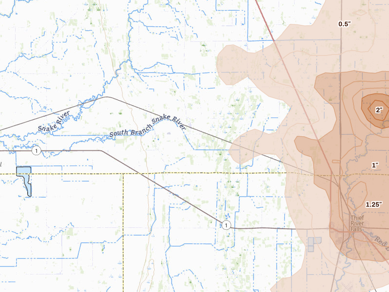Radar-estimated hail-size map of the storm over Viking, MN on Jul 6, 2026