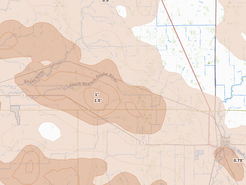 Radar-estimated hail-size map of the storm over Viking, MN on Jul 24, 2026