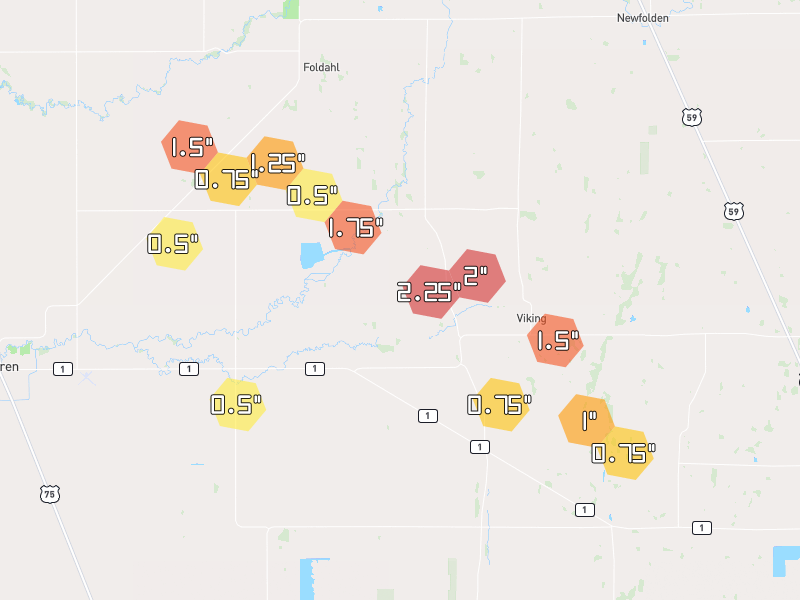 Hail map of Viking, MN on Jul 25, 2026, hail up to 2.25"
