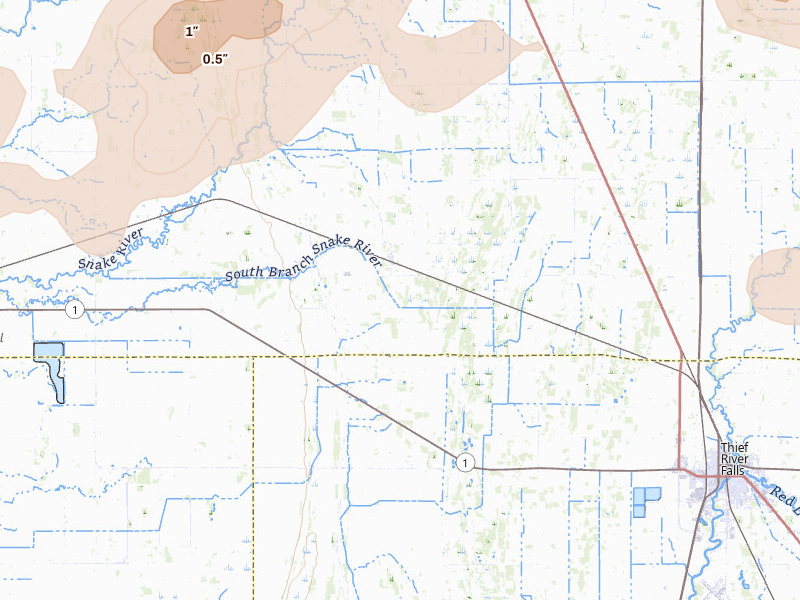 Radar-estimated hail-size map of the storm over Viking, MN on Jul 30, 2026