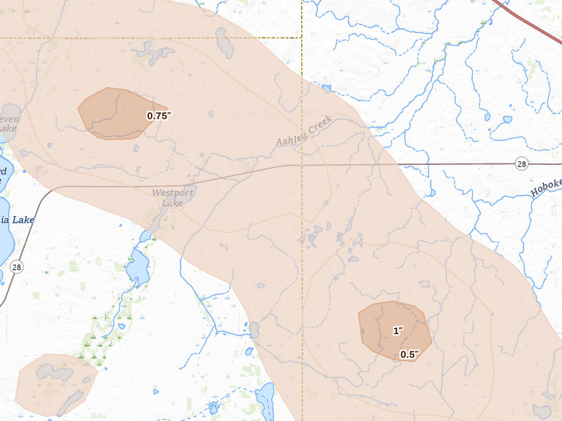 Radar-estimated hail-size map of the storm over Villard, MN on Jun 5, 2026