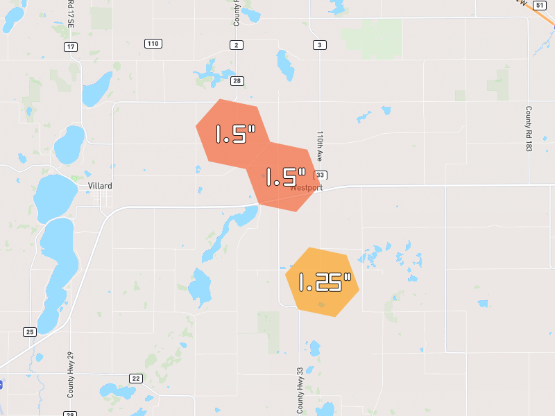 Hail map of Villard, MN on Jun 5, 2026, hail up to 1.5"